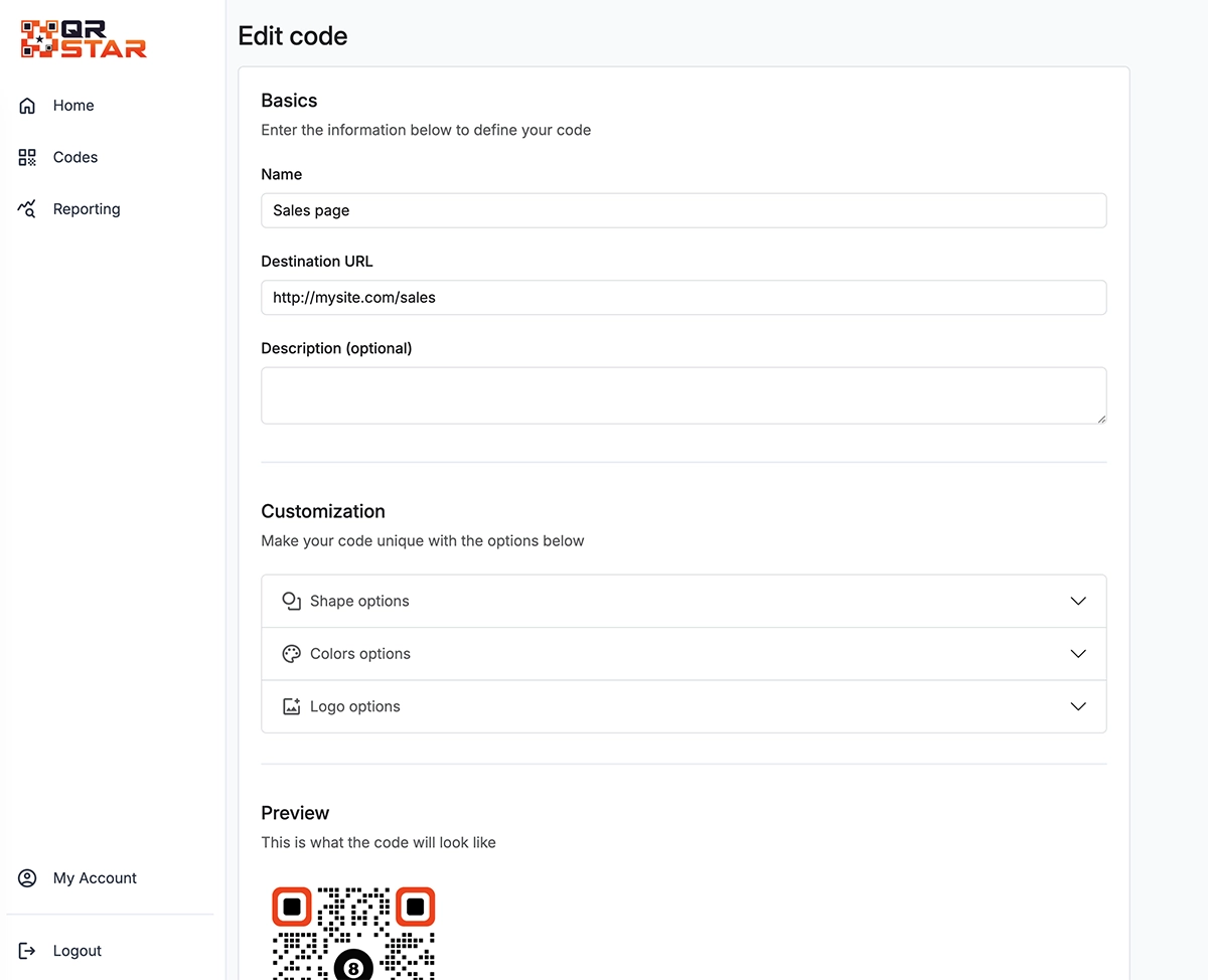 image of the create code page
